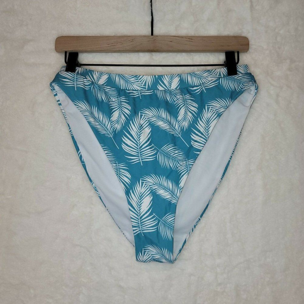 NWOT PINK LILY Cheeky Blue White Palms Swim Bikini Bottom High Waist Sz …